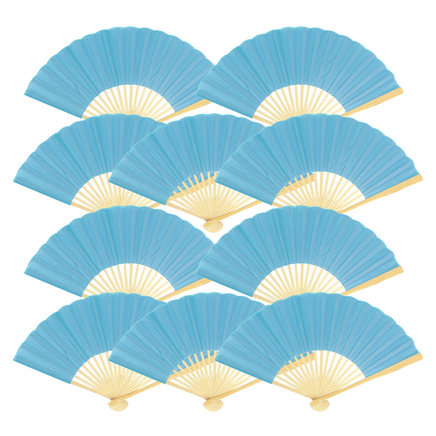 9" Turquoise Silk Hand Fans for Weddings (10 Pack)