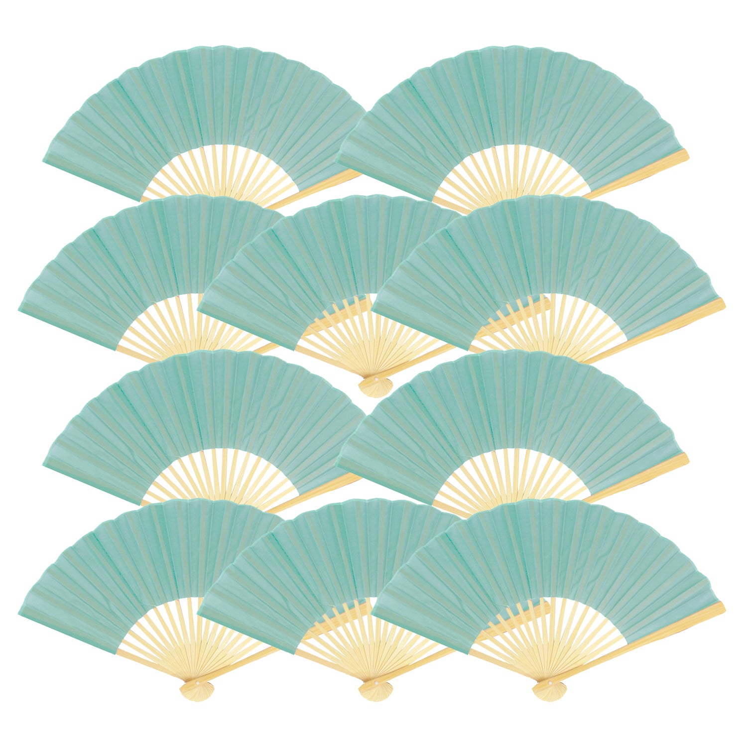 9" Water Blue Silk Hand Fans for Weddings (10 Pack)
