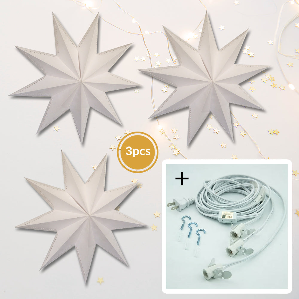 3-PACK + Cord | 9 Point White Laminate 30" Illuminated Paper Star Lanterns and Lamp Cord Hanging Decorations - PaperLanternStore.com - Paper Lanterns, Decor, Party Lights & More