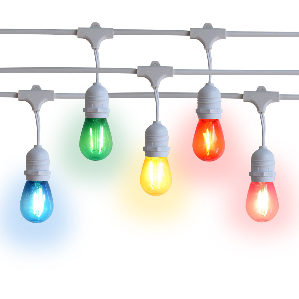 24 Suspended Multi-Color Socket Outdoor Commercial String Light Set, 54 FT White Cord w/ 2-Watt Shatterproof LED Bulbs, Weatherproof SJTW