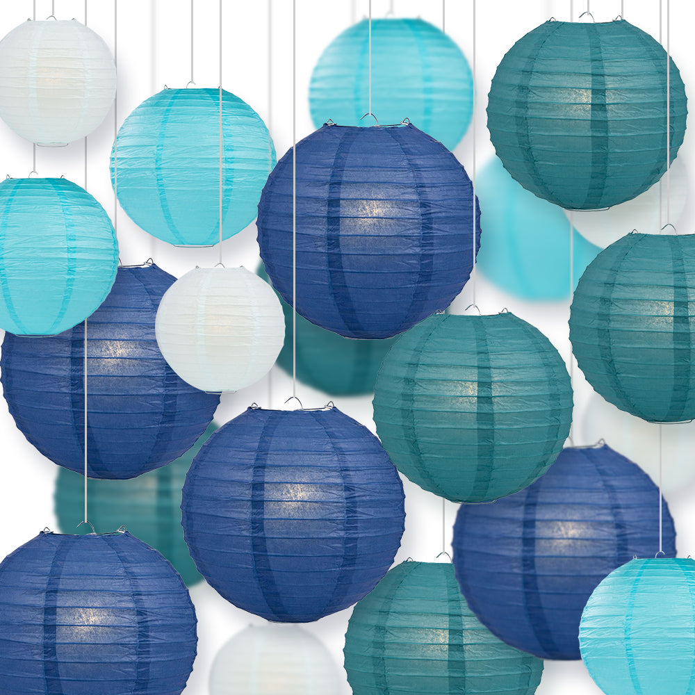 Ultimate 20-Piece Sea Blue Variety Paper Lantern Party Pack - Assorted Sizes - 6", 8", 10", 12" (5 Round Lanterns Each) for Weddings, Events and Decor