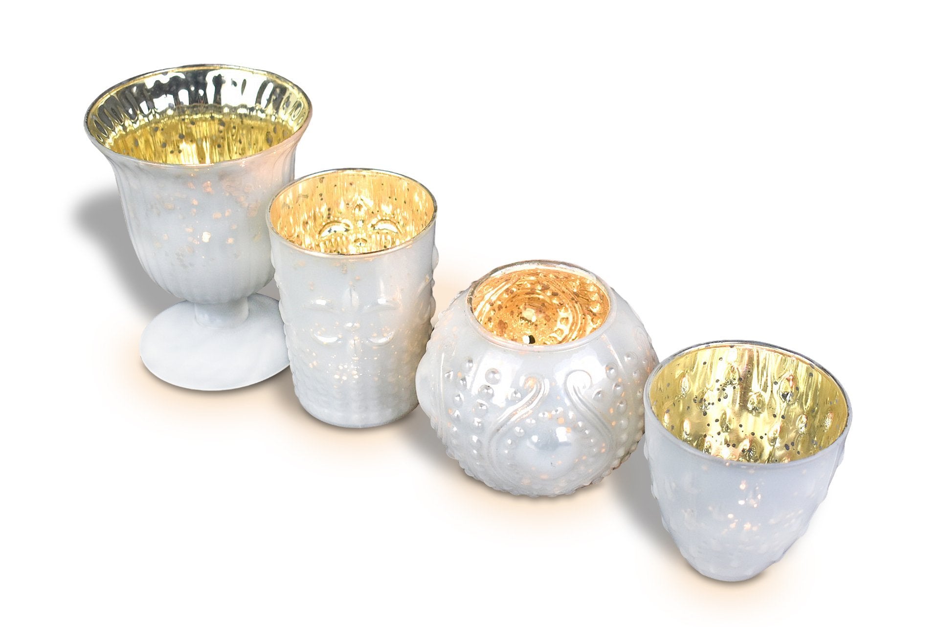 Vintage Glam Mercury Glass Tealight Votive Candle Holders (Pearl White, Set of 4, Assorted Designs and Sizes) - for Weddings, Events and Home Décor - PaperLanternStore.com - Paper Lanterns, Decor, Party Lights & More