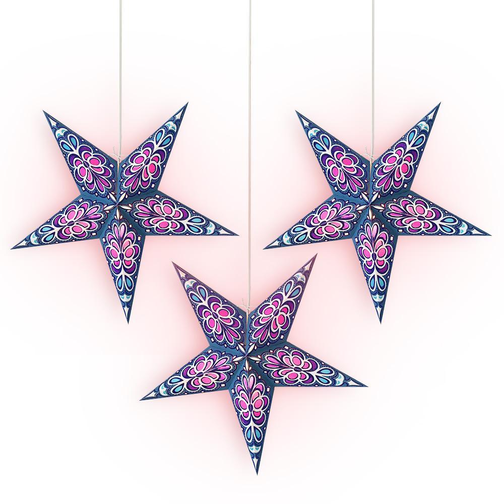 3-PACK + Cord | 24" Blue Merry Gold Glitter Paper Star Lantern and Lamp Cord Hanging Decoration - PaperLanternStore.com - Paper Lanterns, Decor, Party Lights & More