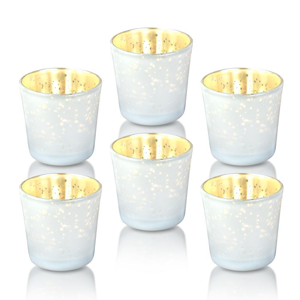 6 Pack | Vintage Mercury Glass Candle Holders (2.5-Inch, Lila Design, Liquid Motif, Pearl White) - For Use with Tea Lights - For Parties, Weddings and Homes - PaperLanternStore.com - Paper Lanterns, Decor, Party Lights & More