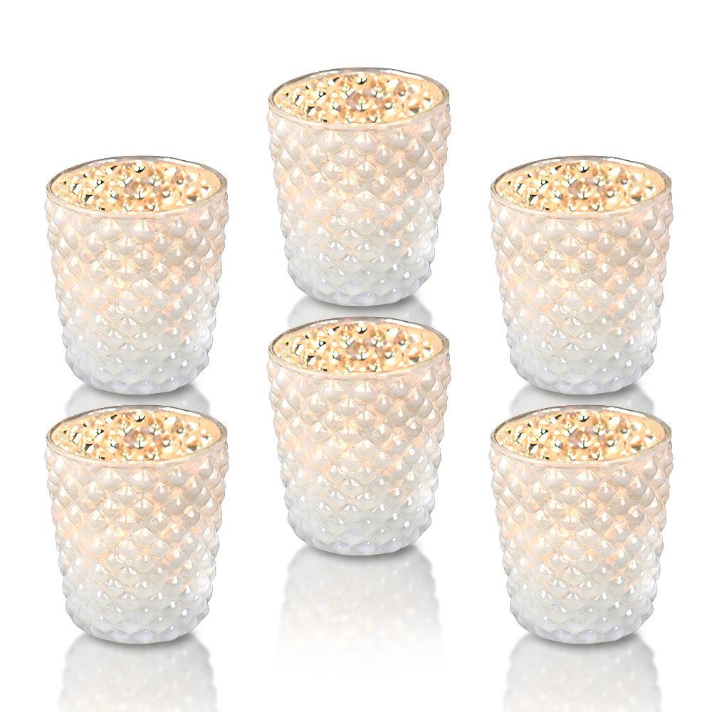 6 Pack | Vintage Mercury Glass Tealight Holders (2.5-Inch, Zariah Design, Pearl White) - For Use with Tea Lights - For Home Decor, Parties and Wedding Decorations - PaperLanternStore.com - Paper Lanterns, Decor, Party Lights & More
