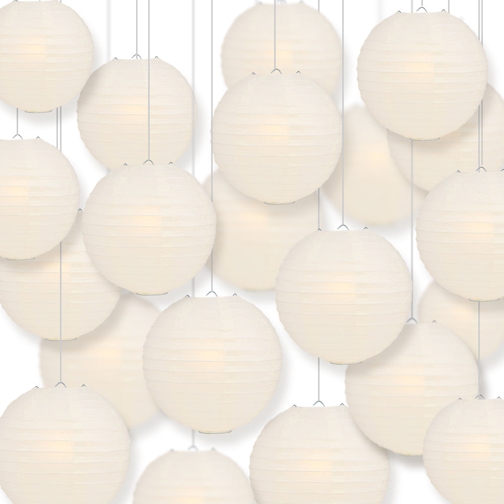 BULK PACK (100) 8" Beige / Ivory Round Paper Lanterns, Even Ribbing, Hanging Decoration