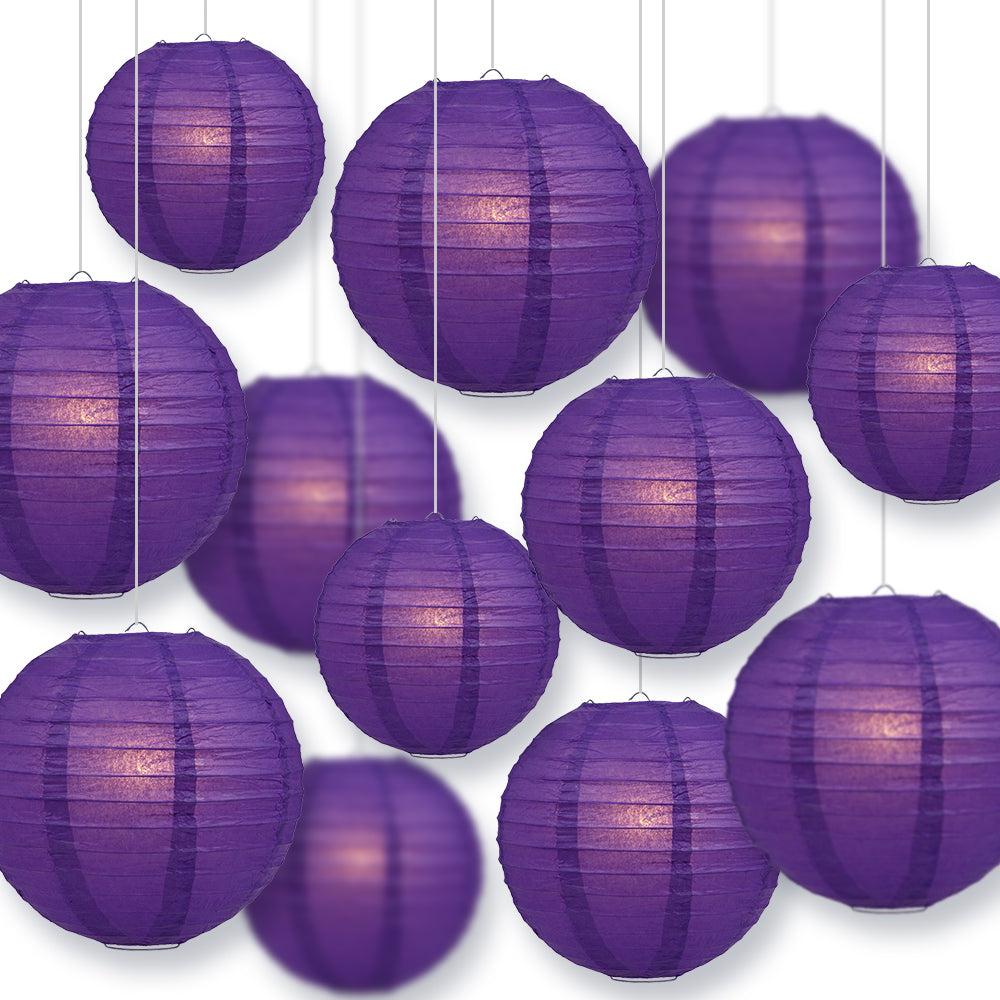 12-PC Royal Purple Paper Lantern Chinese Hanging Wedding & Party Assorted Decoration Set, 12/10/8-Inch