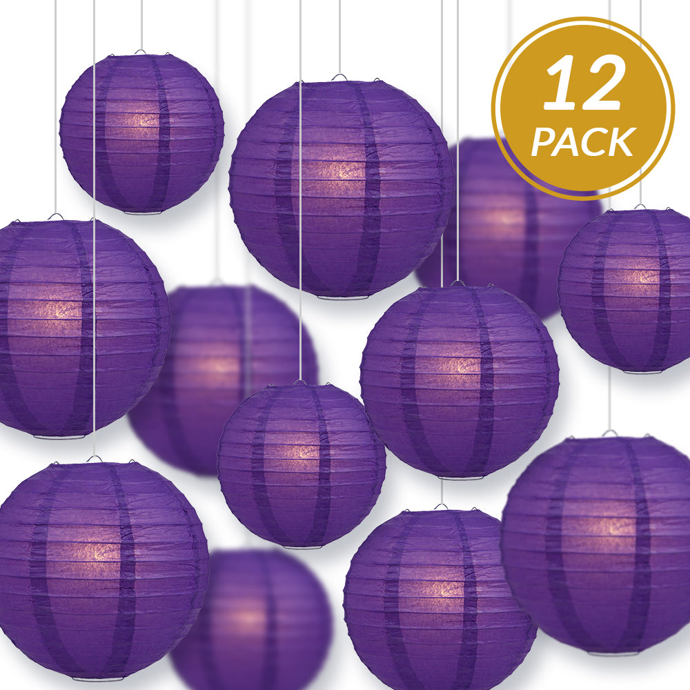 12-PC Royal Purple Paper Lantern Chinese Hanging Wedding & Party Assorted Decoration Set, 12/10/8-Inch