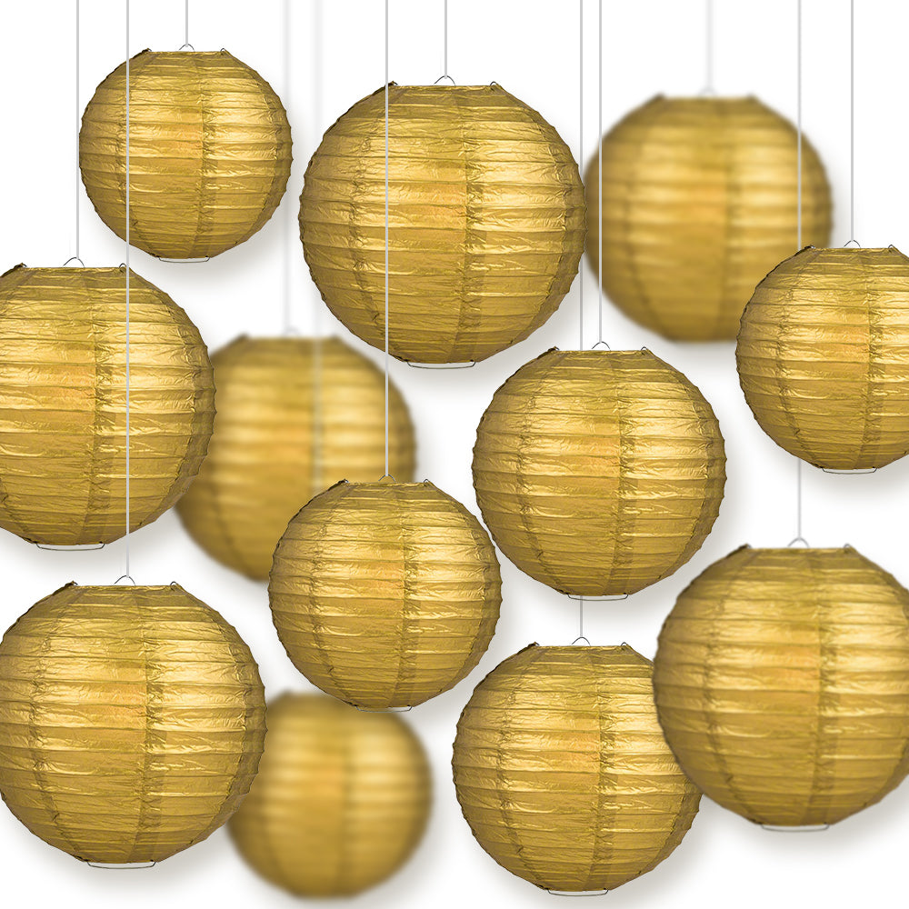 12-PC Gold Paper Lantern Chinese Hanging Wedding &amp; Party Assorted Decoration Set, 12/10/8-Inch