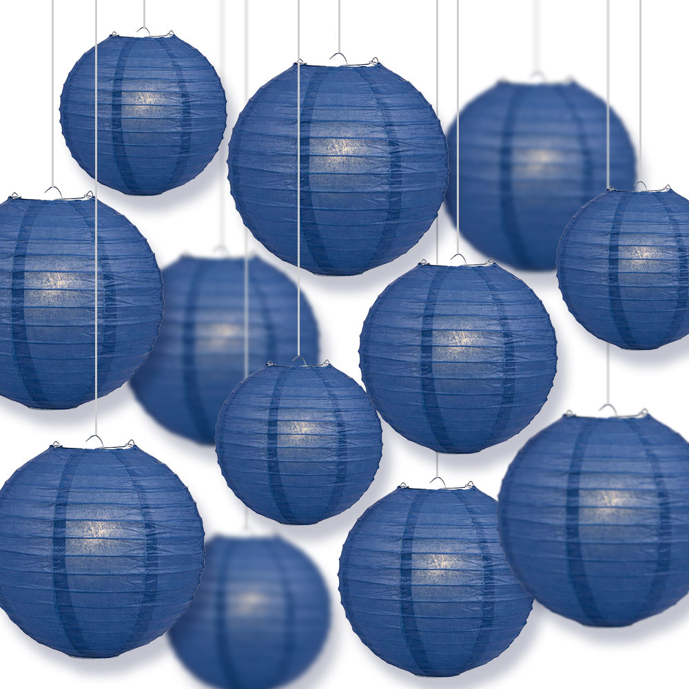 12-PC Navy Blue Paper Lantern Chinese Hanging Wedding &amp; Party Assorted Decoration Set, 12/10/8-Inch