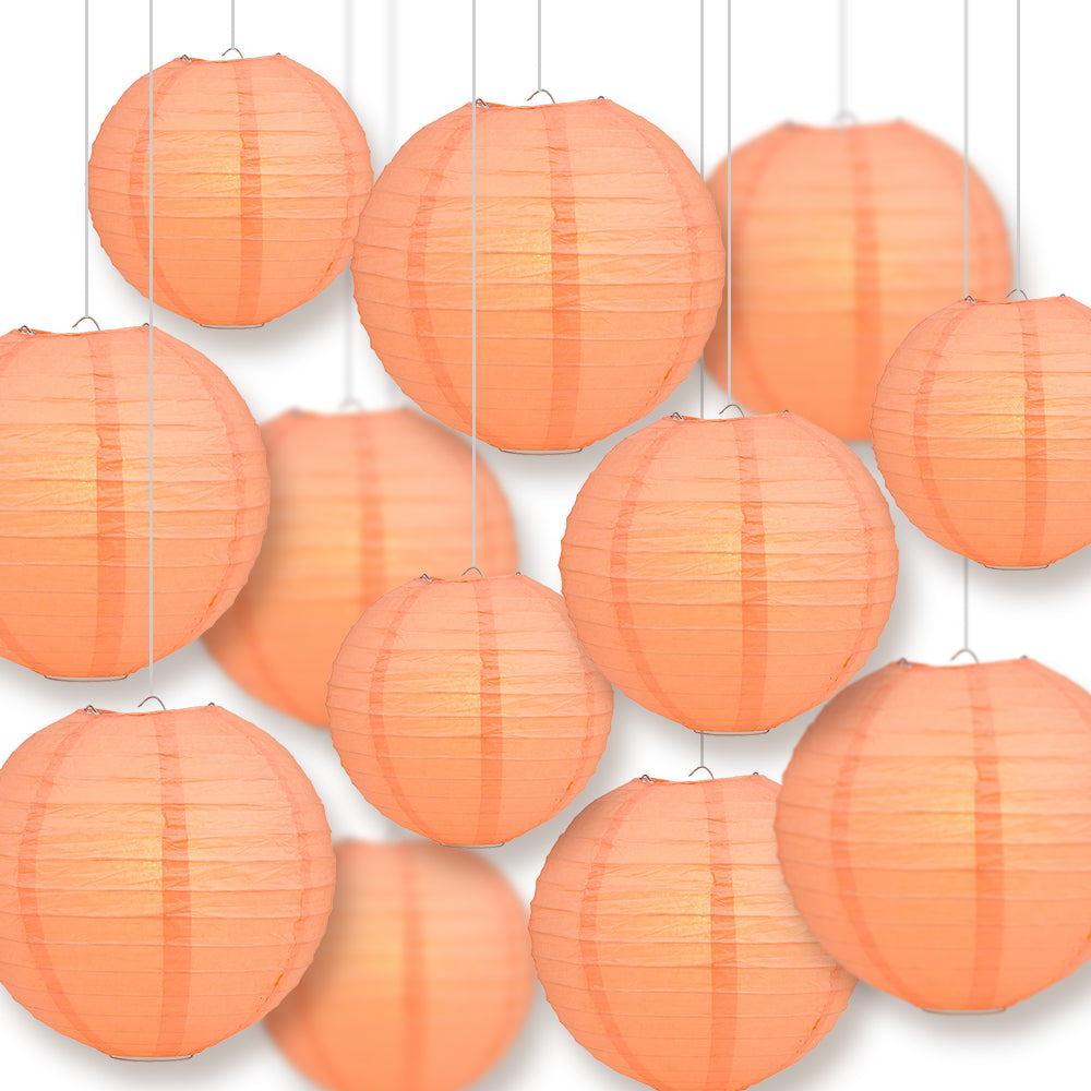 12-PC Peach / Orange Coral Paper Lantern Chinese Hanging Wedding &amp; Party Assorted Decoration Set, 12/10/8-Inch