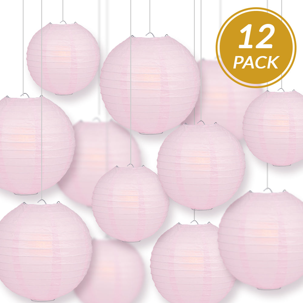 12-PC Pink Paper Lantern Chinese Hanging Wedding & Party Assorted Decoration Set, 12/10/8-Inch