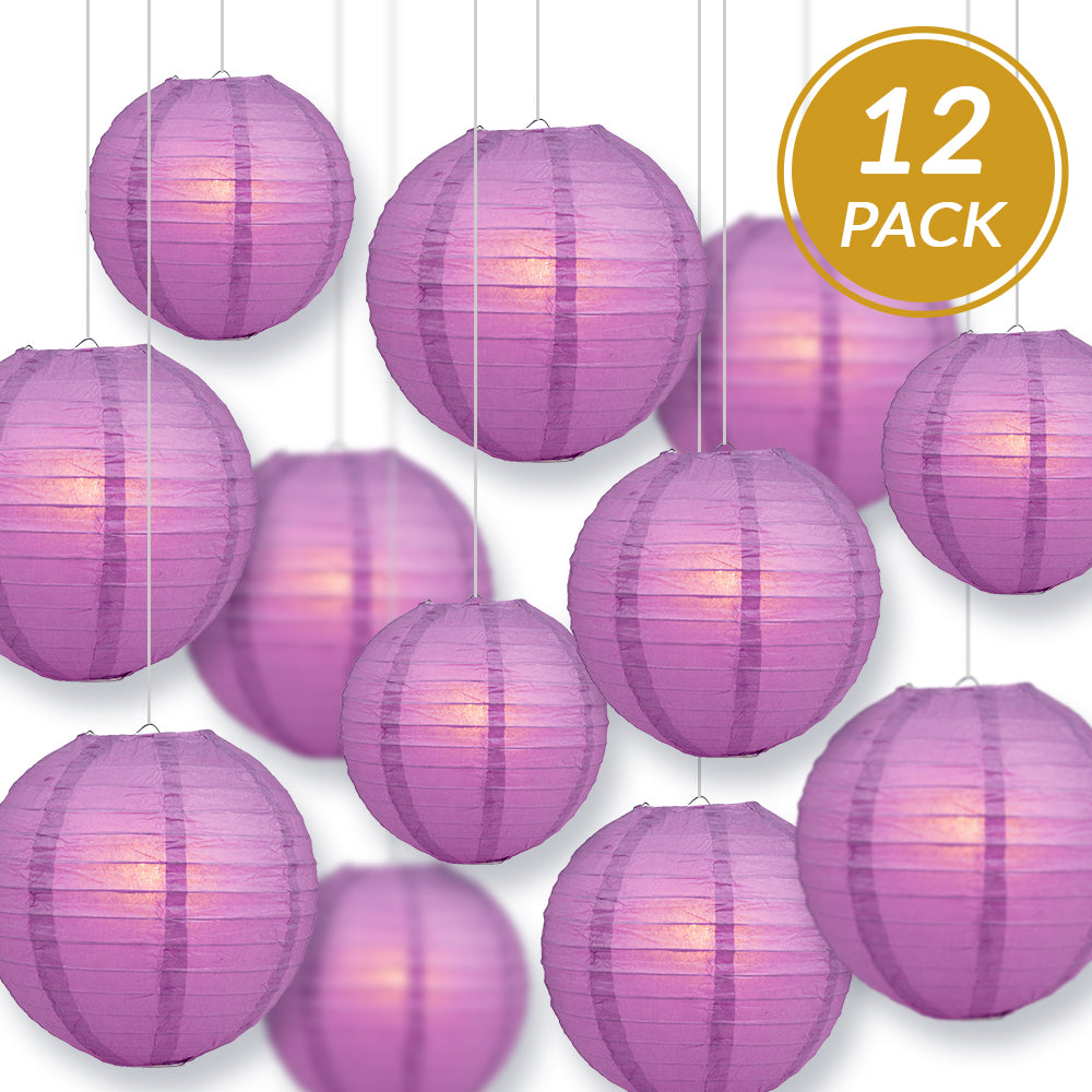 12-PC Violet / Orchid Paper Lantern Chinese Hanging Wedding & Party Assorted Decoration Set, 12/10/8-Inch