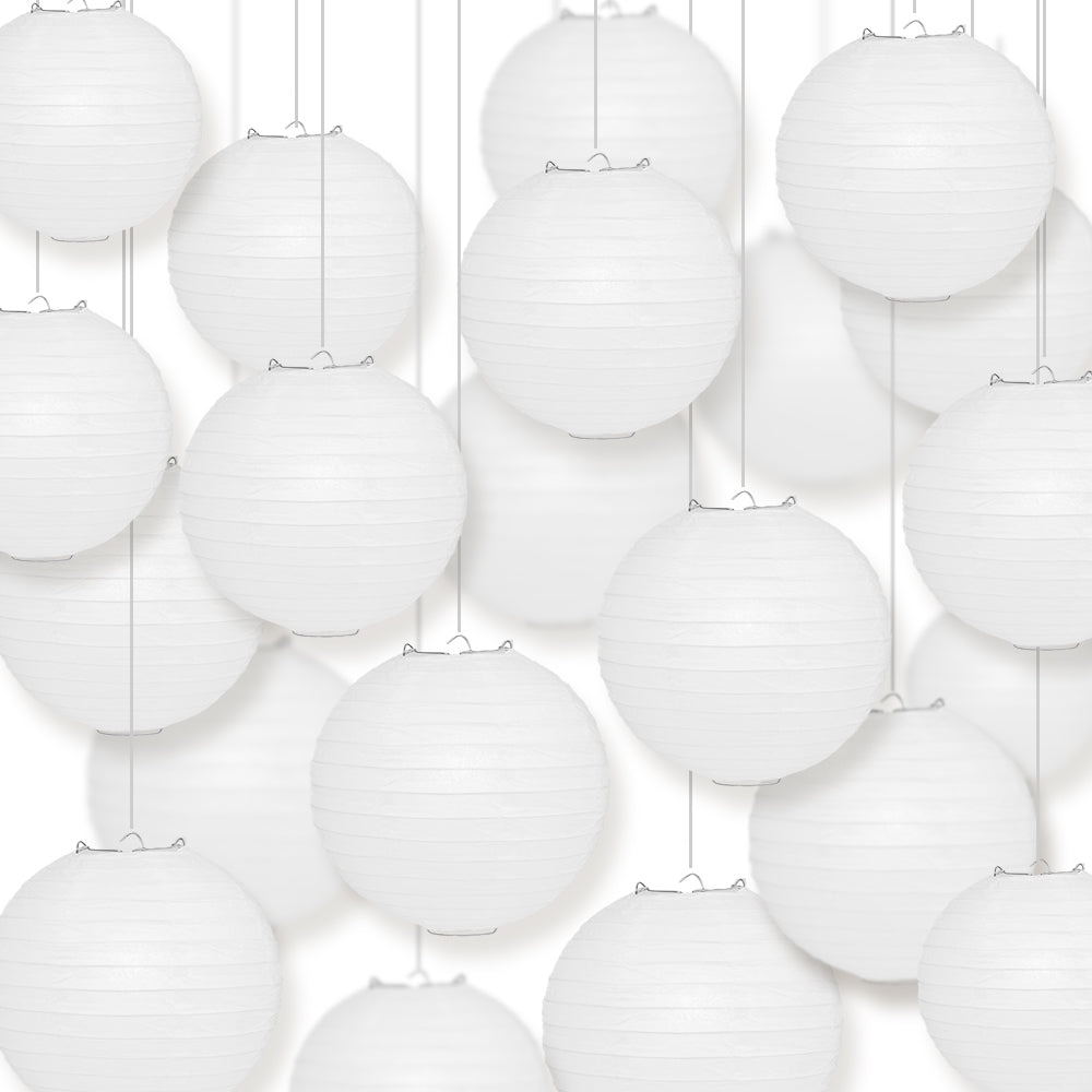 BULK PACK (50) 16&quot; White Round Paper Lanterns, Even Ribbing, Hanging Decoration