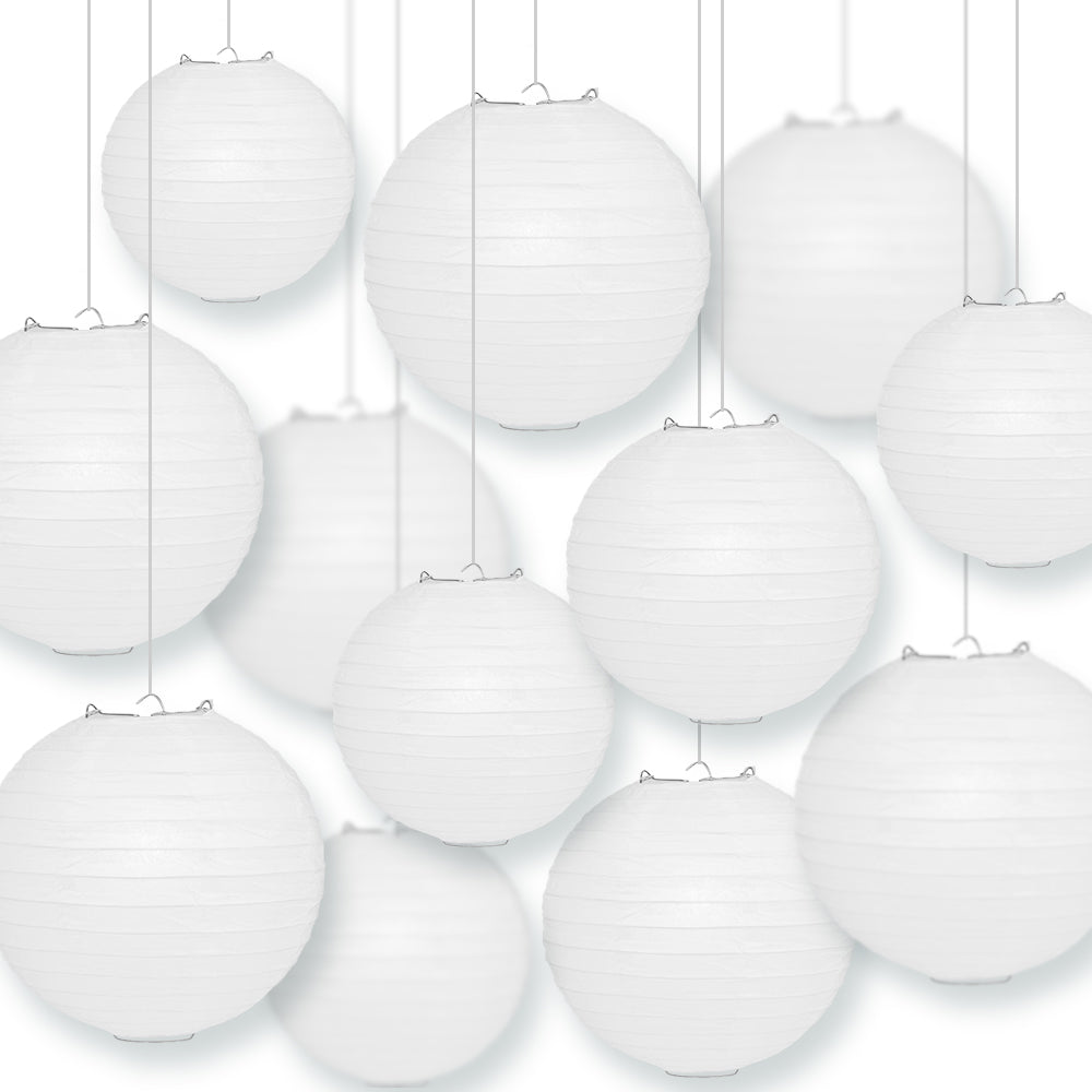 12-PC White Paper Lantern Chinese Hanging Wedding &amp; Party Assorted Decoration Set, 12/10/8-Inch
