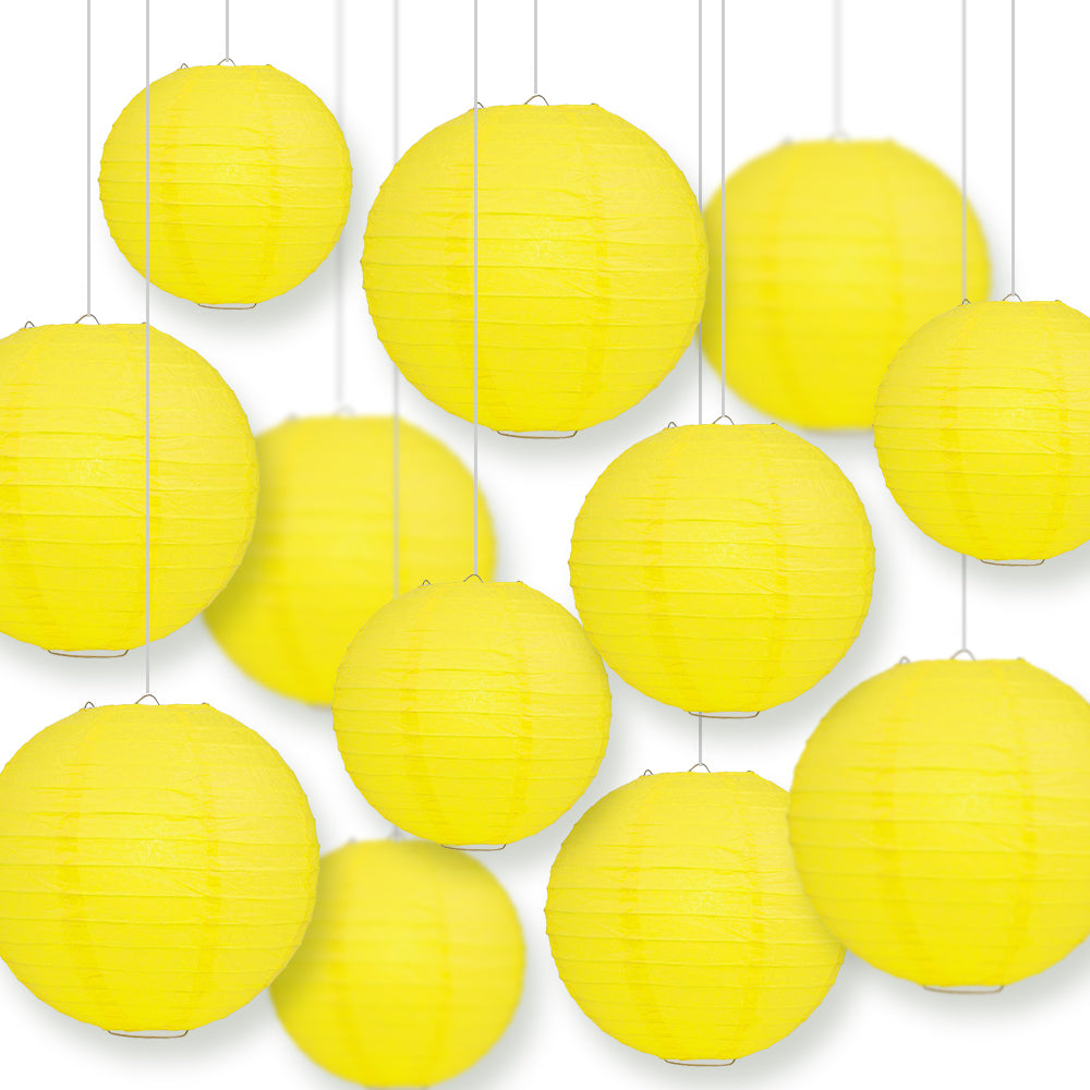 12-PC Yellow Paper Lantern Chinese Hanging Wedding & Party Assorted Decoration Set, 12/10/8-Inch