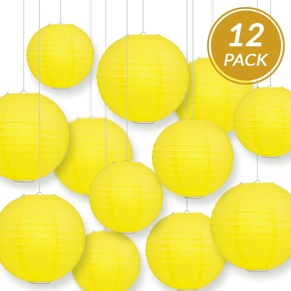 12-PC Yellow Paper Lantern Chinese Hanging Wedding & Party Assorted Decoration Set, 12/10/8-Inch