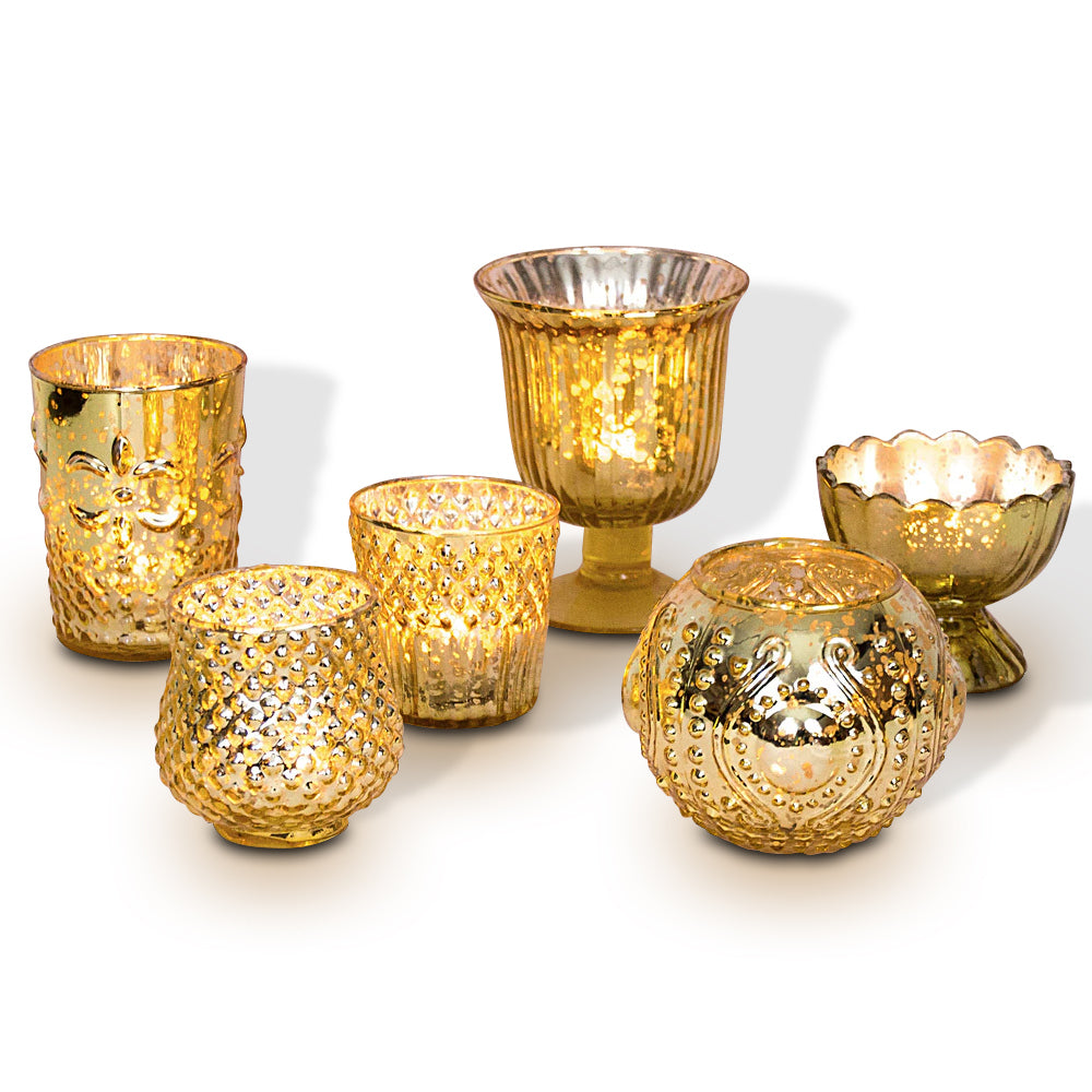 Vintage Glam Gold Mercury Glass Tea Light Votive Candle Holders (6 PACK, Assorted Designs and Sizes) - PaperLanternStore.com - Paper Lanterns, Decor, Party Lights & More
