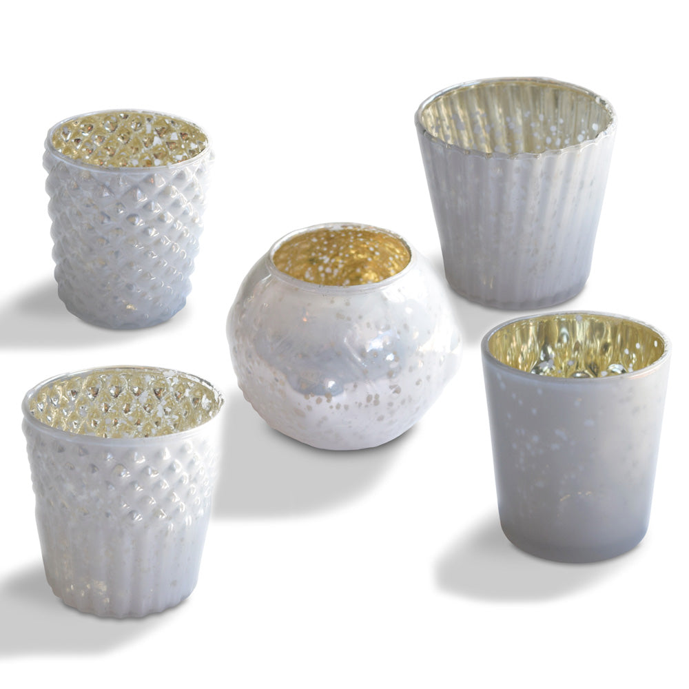 Vintage Elegance Pearl White Mercury Glass Tea Light Votive Candle Holders (Set of 5, Assorted Designs and Sizes)