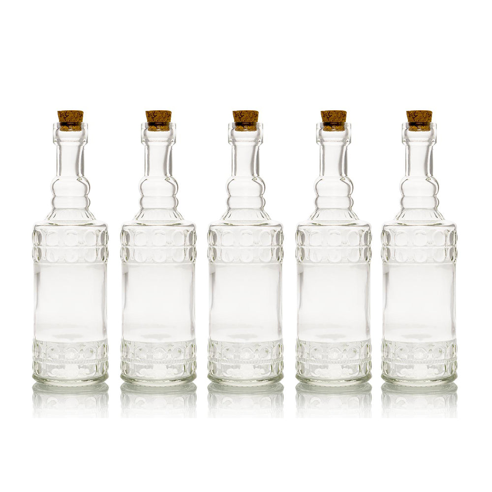 5 Pack - 6.6" Calista Clear Vintage Glass Bottle with Cork - DIY Wedding Flower Bud Vases