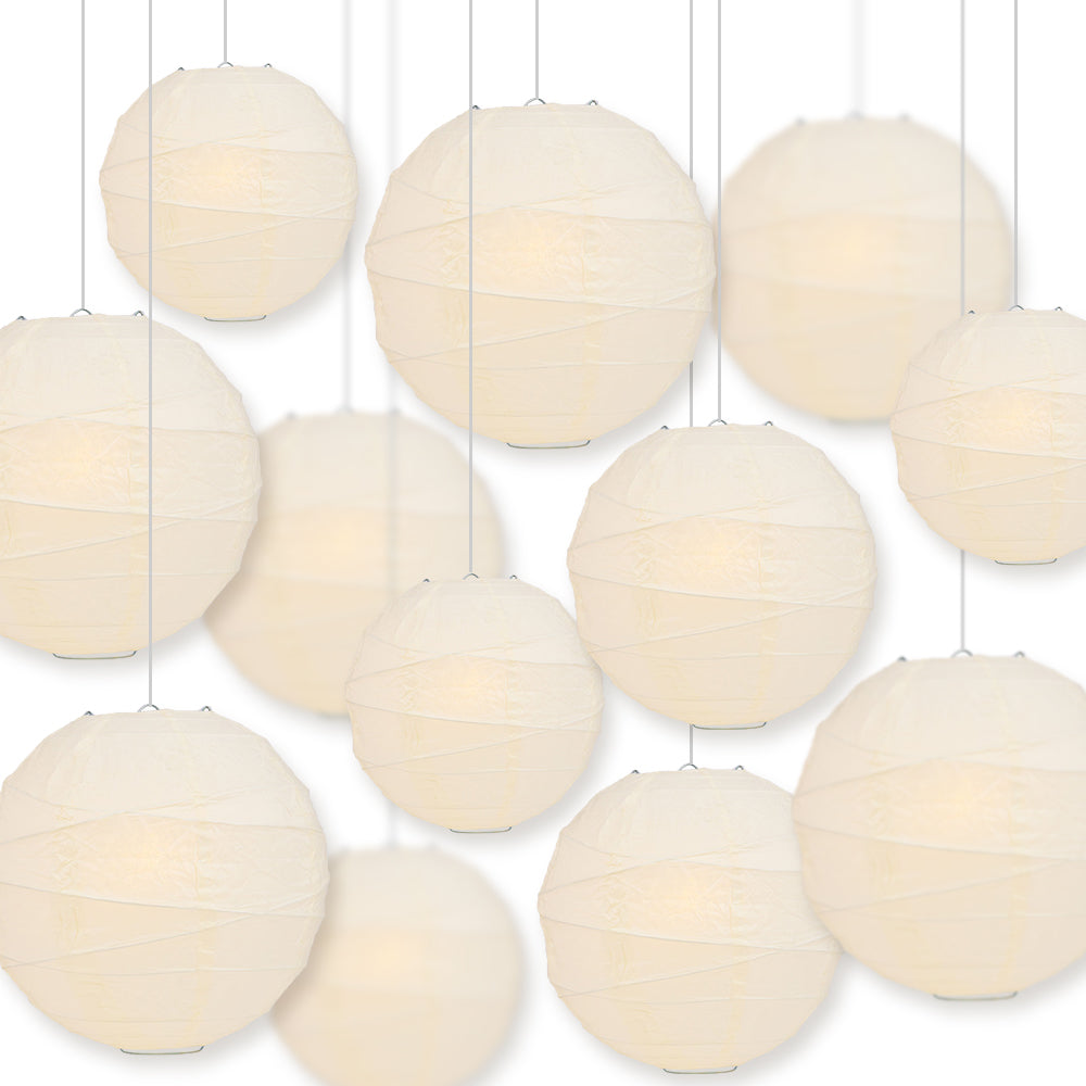 12-PC Beige / Ivory Paper Lantern Chinese Hanging Wedding &amp; Party Assorted Decoration Set, 12/10/8-Inch