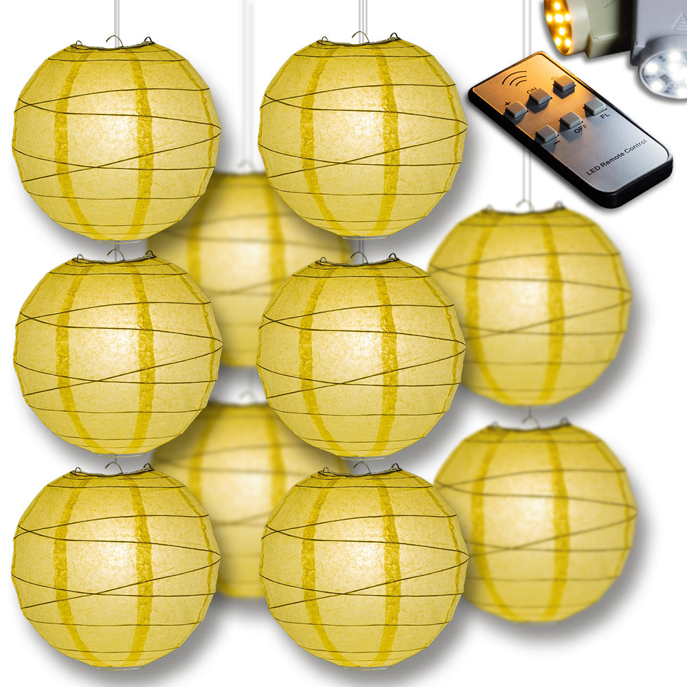 Lemon Yellow Chiffon Crisscross Paper Lantern 10pc Party Pack with Remote Controlled LED Lights Included