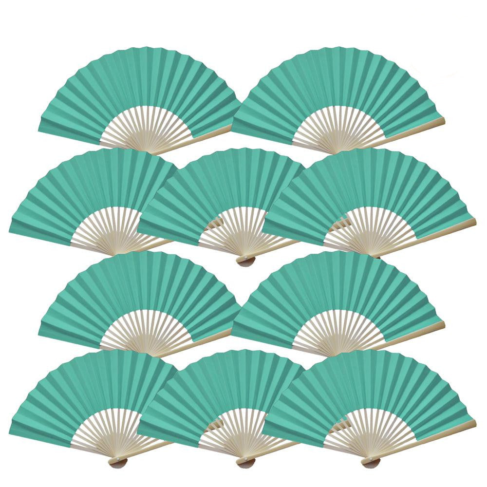 9&quot; Cool Mint Green Paper Hand Fans for Weddings, Premium Paper Stock (10 Pack)