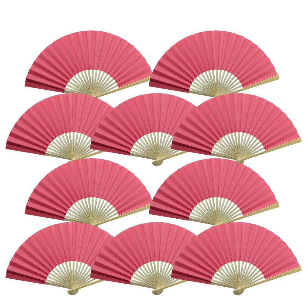9&quot; Fuchsia / Hot Pink Paper Hand Fans for Weddings, Premium Paper Stock (10 Pack)