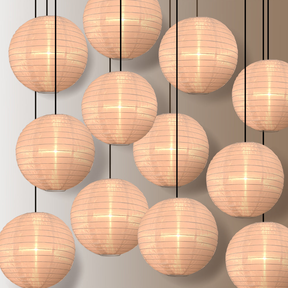 BULK PACK (12) 16" Beige Shimmering Nylon Lantern, Even Ribbing, Durable, Hanging