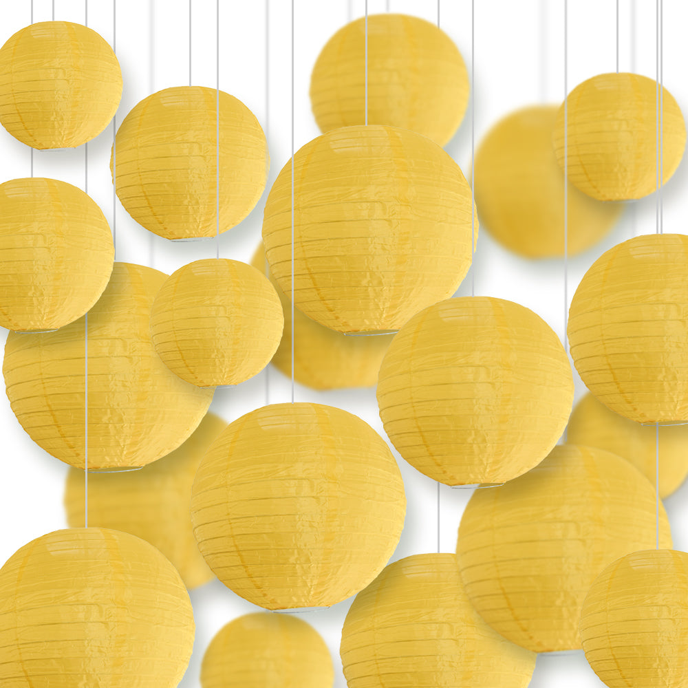 Ultimate 20-Piece Gold Yellow Nylon Lantern Party Pack - Assorted Sizes of 6", 8", 10", 12" (5 Round Lanterns Each) for Weddings, Events and Décor