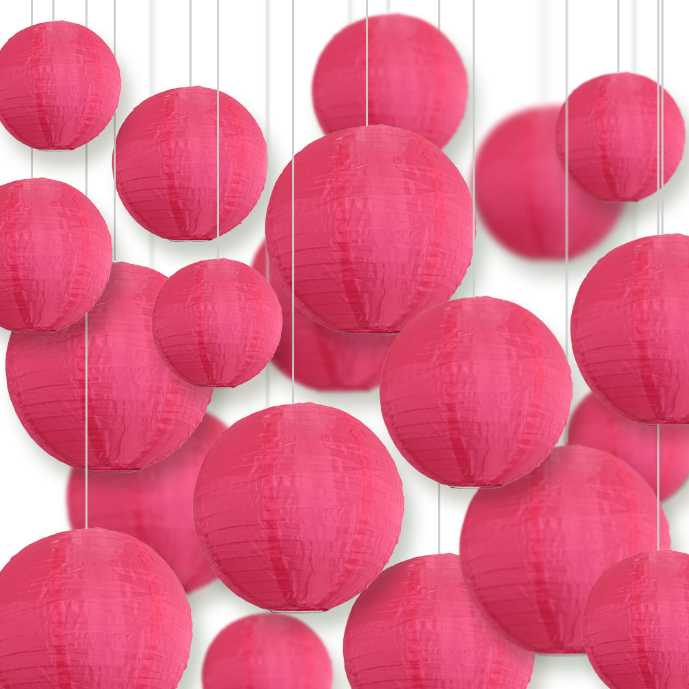 Ultimate 20-Piece Hot Pink Nylon Lantern Party Pack - Assorted Sizes of 6", 8", 10", 12" (5 Round Lanterns Each) for Weddings, Events and Décor