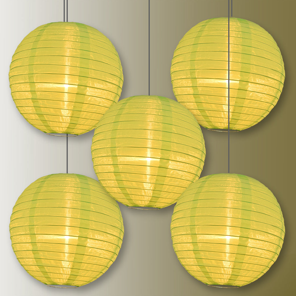 BULK PACK (5) 24&quot; Neon Green Shimmering Nylon Lantern, Even Ribbing, Durable, Hanging