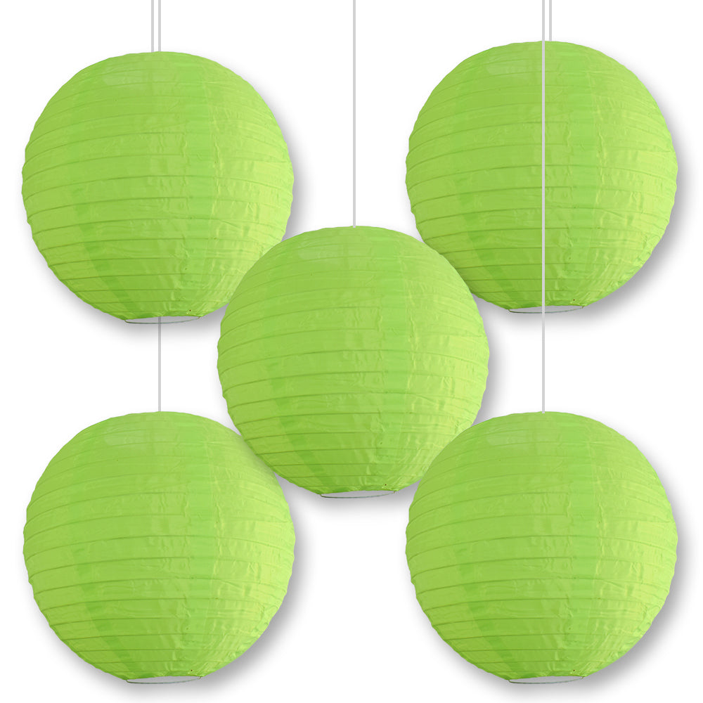 BULK PACK (5) 30" Neon Green Jumbo Shimmering Nylon Lantern, Even Ribbing, Durable, Dry Outdoor Hanging Decoration Decoration