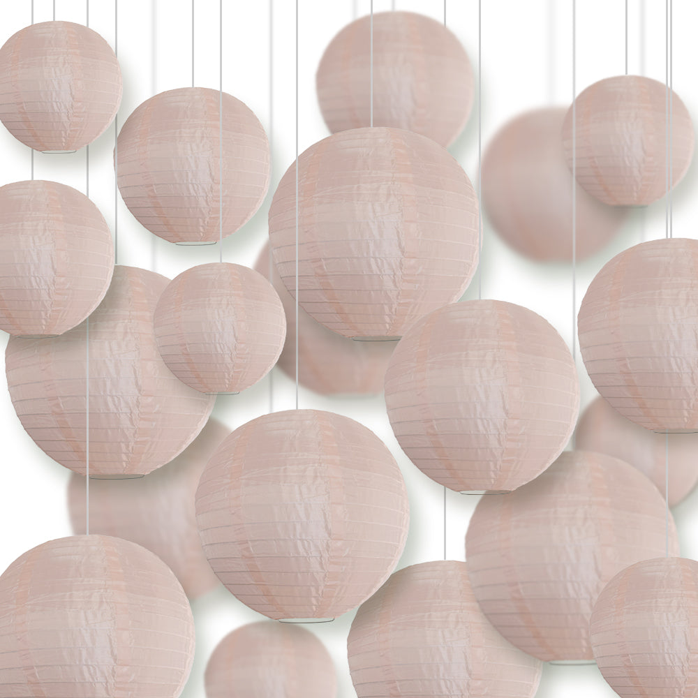Ultimate 20-Piece Rose Quartz Pink Nylon Lantern Party Pack - Assorted Sizes of 6", 8", 10", 12" (5 Round Lanterns Each) for Weddings, Events and Décor