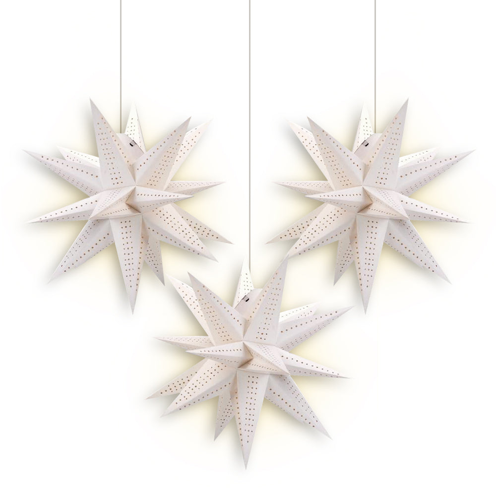 3-PACK + Cord | White Moravian Multi-Point 24&quot; Illuminated Paper Star Lanterns and Lamp Cord Hanging Decorations - PaperLanternStore.com - Paper Lanterns, Decor, Party Lights &amp; More