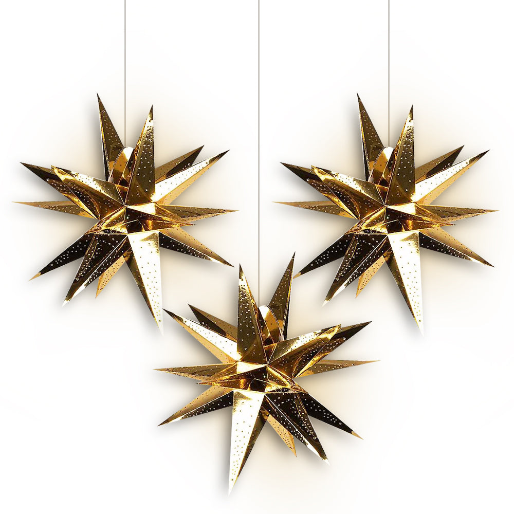 3-PACK + Cord | Gold Moravian Multi-Point 24&quot; Illuminated Paper Star Lanterns and Lamp Cord Hanging Decorations - PaperLanternStore.com - Paper Lanterns, Decor, Party Lights &amp; More