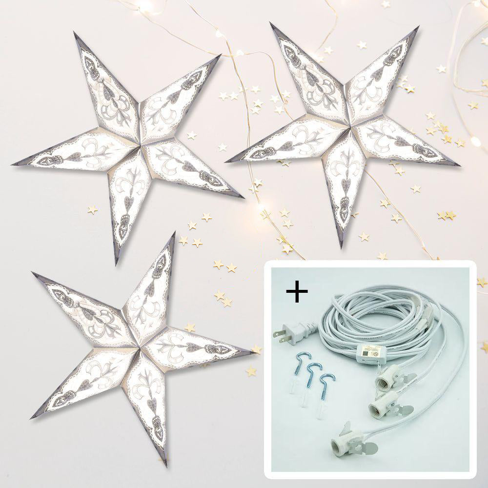 3-PACK + Cord | Grey Meditation Glitter 24&quot; Illuminated Paper Star Lanterns and Lamp Cord Hanging Decorations - PaperLanternStore.com - Paper Lanterns, Decor, Party Lights &amp; More