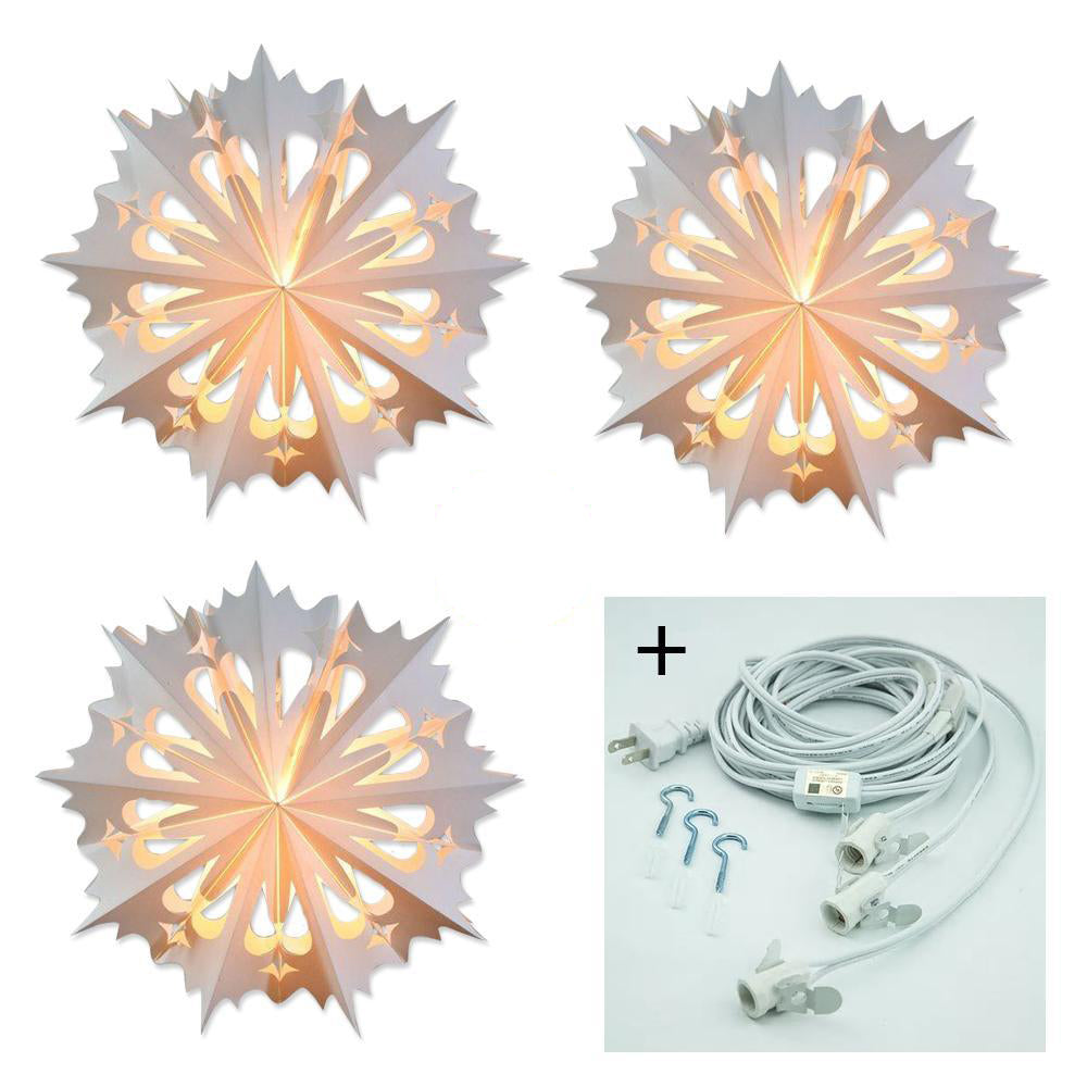 3-PACK + Cord | White Angelo 20" Pizzelle Designer Illuminated Paper Star Lanterns and Lamp Cord Hanging Decorations - PaperLanternStore.com - Paper Lanterns, Decor, Party Lights & More