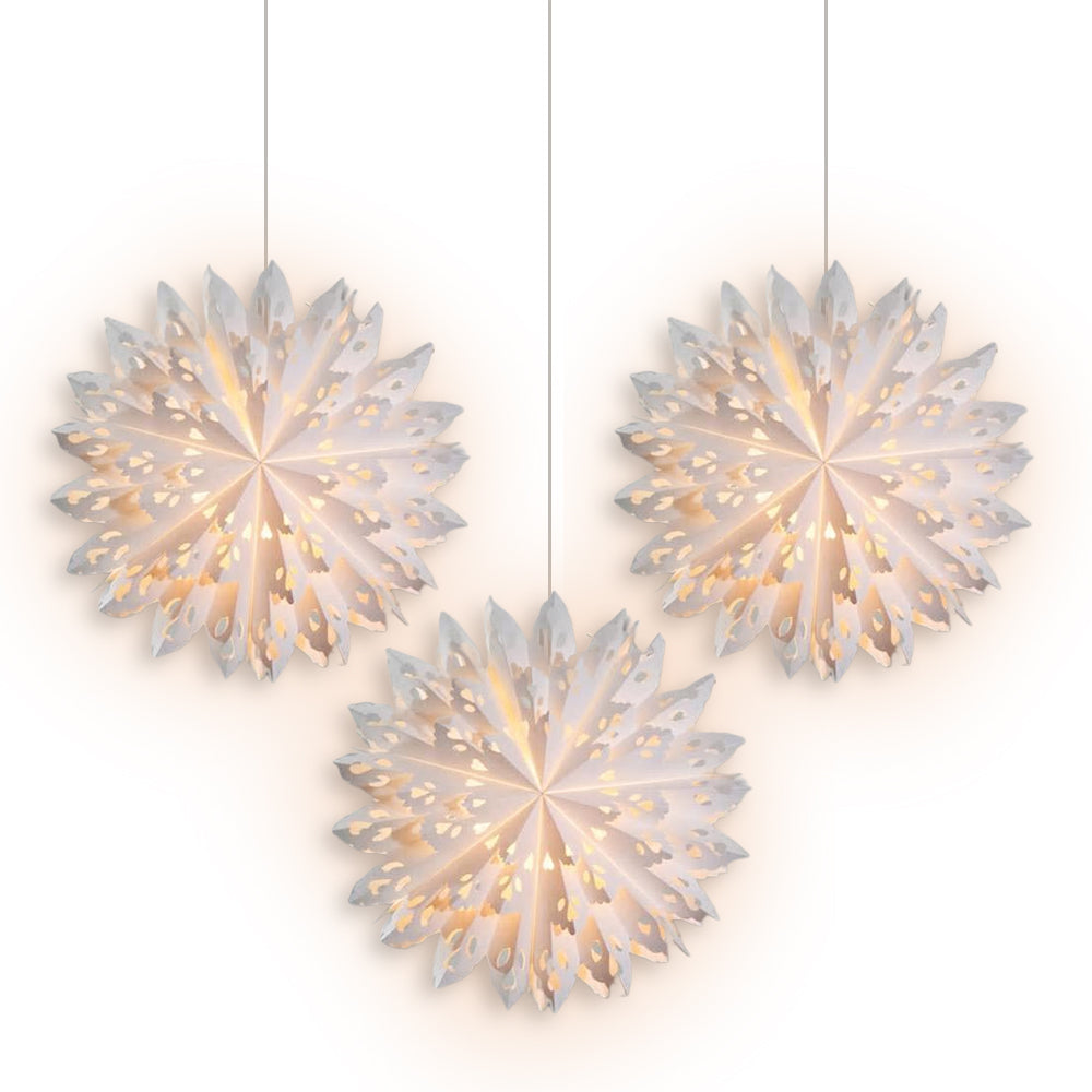 3-PACK + Cord | White Winter Wreath 24" Pizzelle Designer Illuminated Paper Star Lanterns and Lamp Cord Hanging Decorations - PaperLanternStore.com - Paper Lanterns, Decor, Party Lights & More