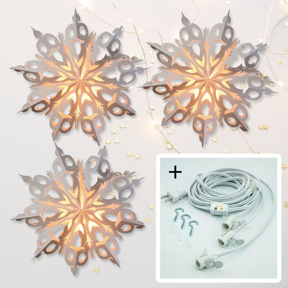 3-PACK + Cord | White Winter Frozen 24" Pizzelle Designer Illuminated Paper Star Lanterns and Lamp Cord Hanging Decorations - PaperLanternStore.com - Paper Lanterns, Decor, Party Lights & More
