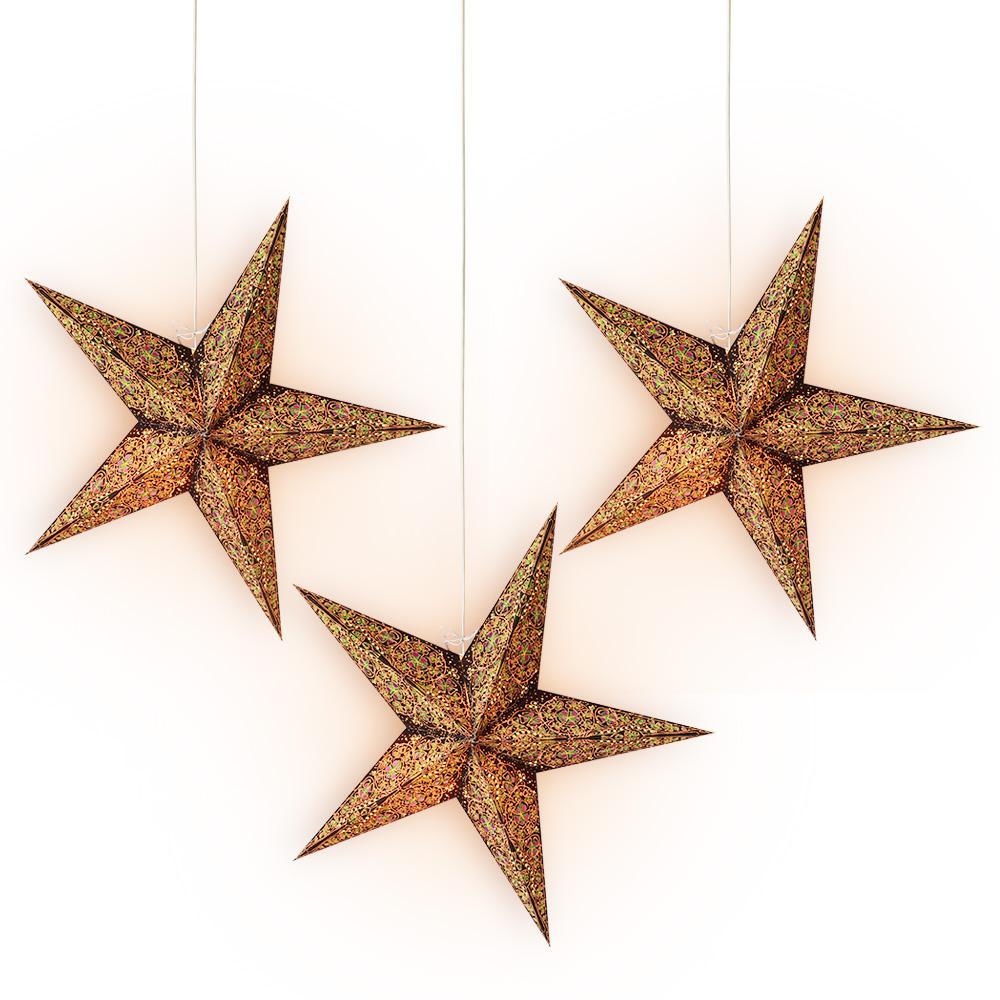 3-PACK + Cord | 24" Brown / Gold Garden Paper Star Lantern and Lamp Cord Hanging Decoration - PaperLanternStore.com - Paper Lanterns, Decor, Party Lights & More