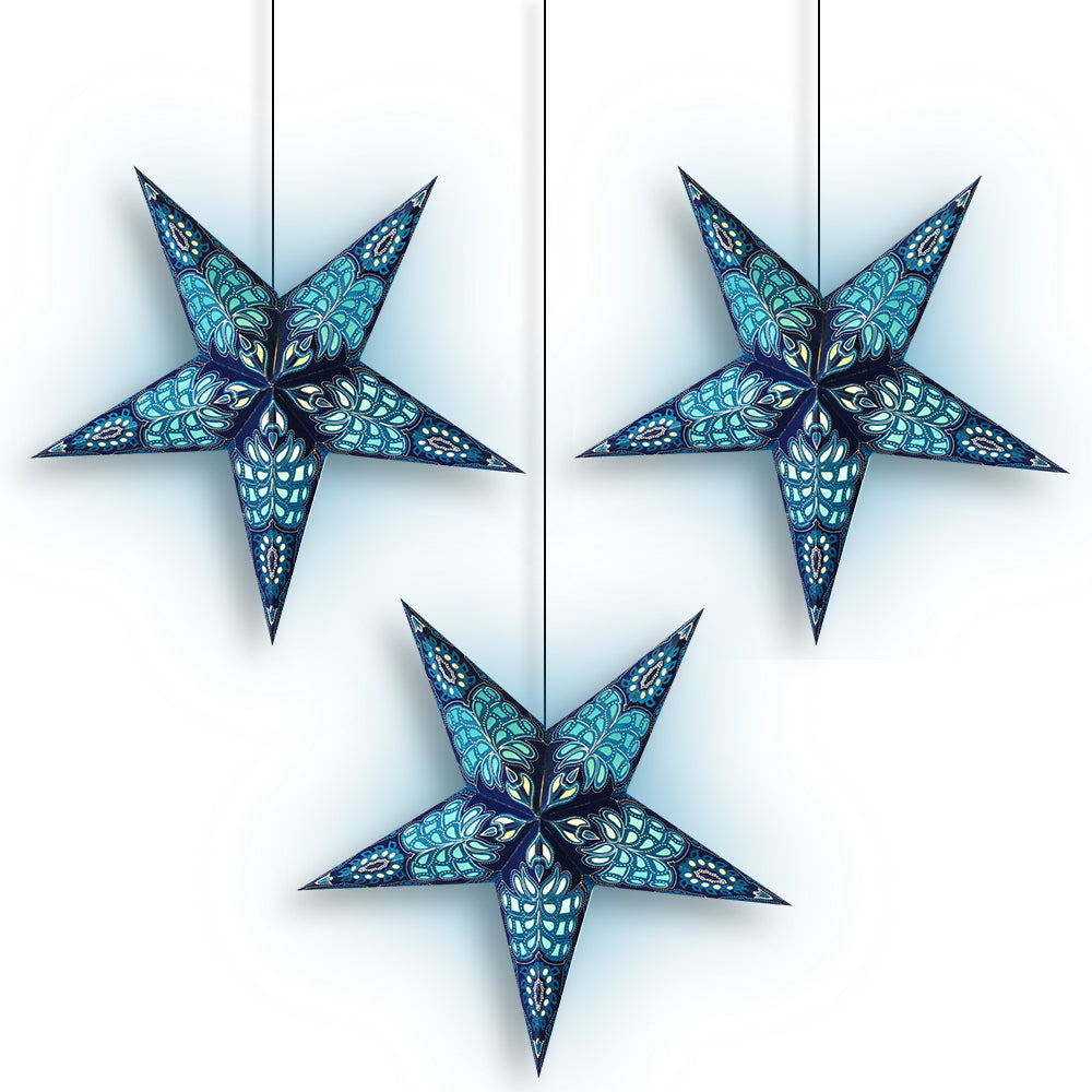 3-PACK 24&quot; Blue Monarch Glitter Illuminated Paper Star Lantern, with LED Bulbs and Lamp Cord Light Included