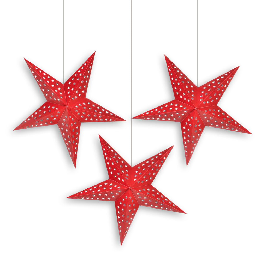 3-PACK + Cord | Red Starry Night 24&quot; Illuminated Paper Star Lanterns and Lamp Cord Hanging Decorations - PaperLanternStore.com - Paper Lanterns, Decor, Party Lights &amp; More