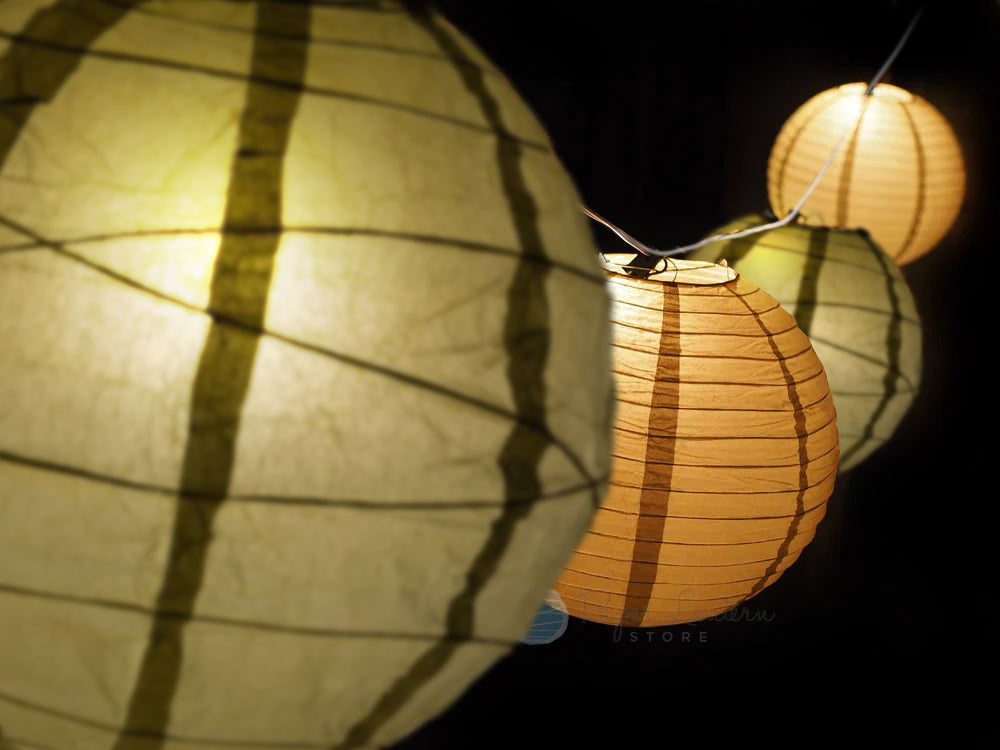 12" Wedding Gold Paper Lantern String Light COMBO Kit (21 FT, EXPANDABLE, White Cord)