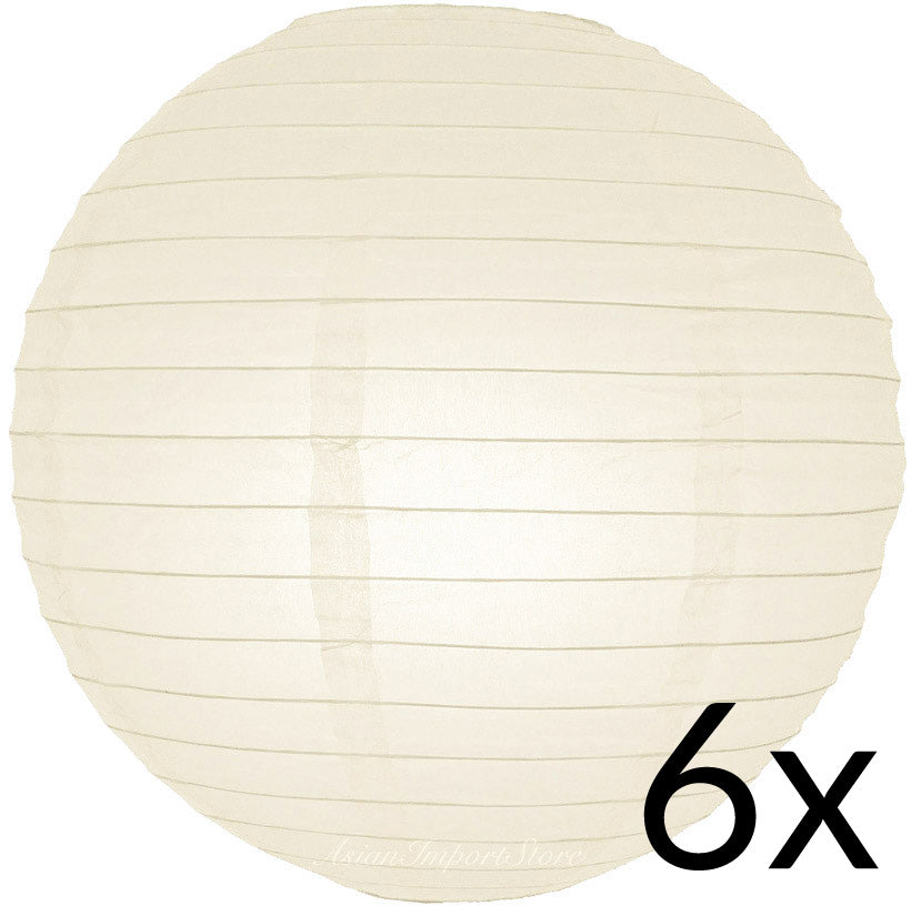 BULK PACK (6) 30" Beige / Ivory Jumbo Round Paper Lanterns, Even Ribbing, Chinese Hanging Wedding & Party Decoration