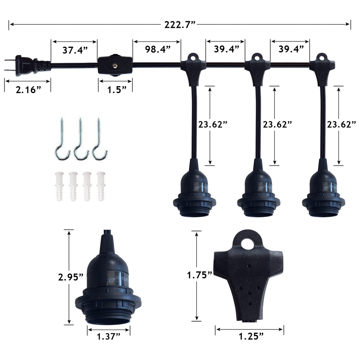 Triple Socket Black Pendant Light Lamp Cord for Lanterns, Switch, E26, 19 FT