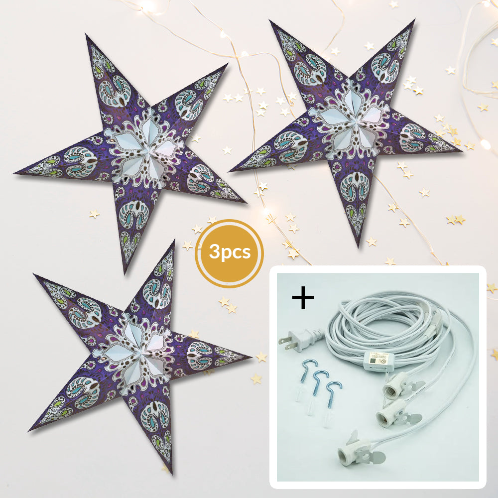 3-PACK + Cord | Blue Galaxy 24&quot; Illuminated Paper Star Lanterns and Lamp Cord Hanging Decorations - PaperLanternStore.com - Paper Lanterns, Decor, Party Lights &amp; More