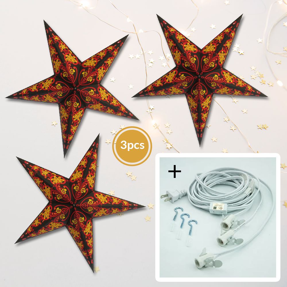 3-PACK + Cord | Black Magic 24&quot; Illuminated Paper Star Lanterns and Lamp Cord Hanging Decorations - PaperLanternStore.com - Paper Lanterns, Decor, Party Lights &amp; More