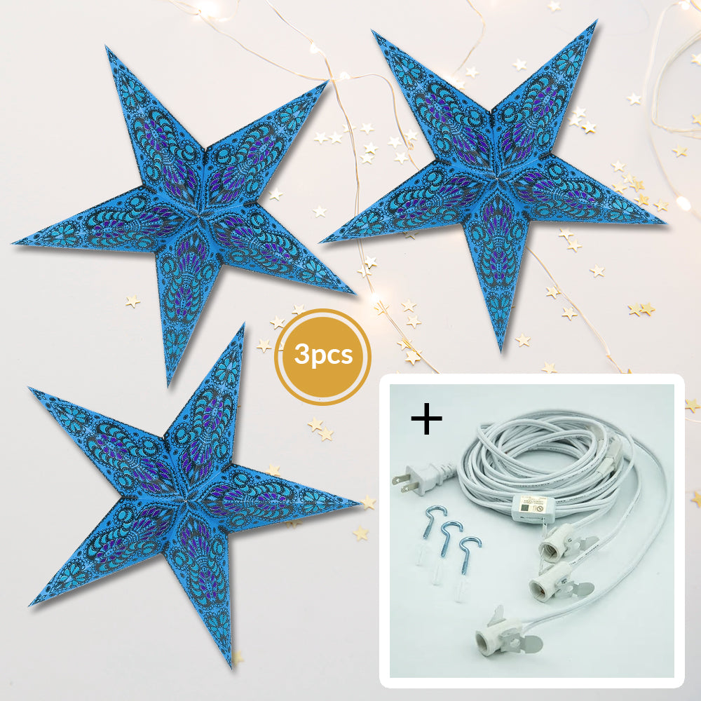 3-PACK + Cord | Blue Peacock 24&quot; Illuminated Paper Star Lanterns and Lamp Cord Hanging Decorations - PaperLanternStore.com - Paper Lanterns, Decor, Party Lights &amp; More
