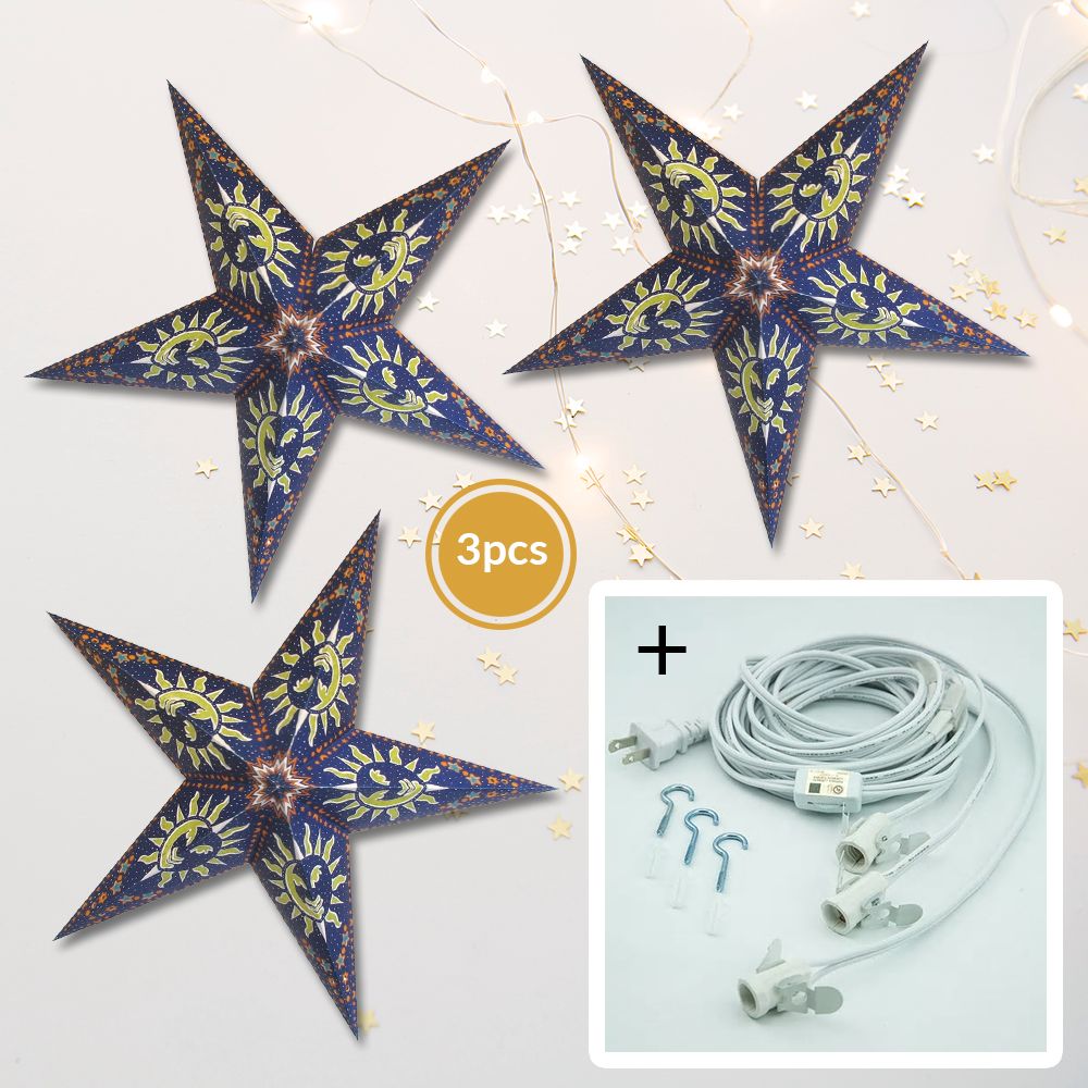 3-PACK + Cord | Blue Sun and Stars 24" Illuminated Paper Star Lanterns and Lamp Cord Hanging Decorations - PaperLanternStore.com - Paper Lanterns, Decor, Party Lights & More